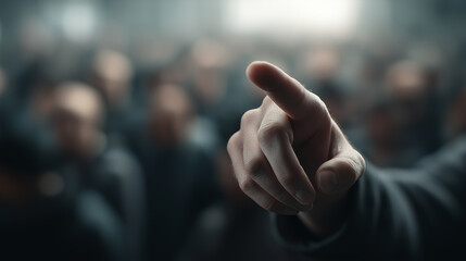 Man pointing directly at the camera with a blurred crowd behind him, symbolizing leadership, choice, and direct engagement.
