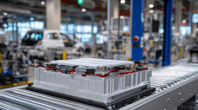 Detailed close-up of lithium-ion cells arranged in battery pack, connected with high-voltage busbars, industrial precision and automotive technology emphasized