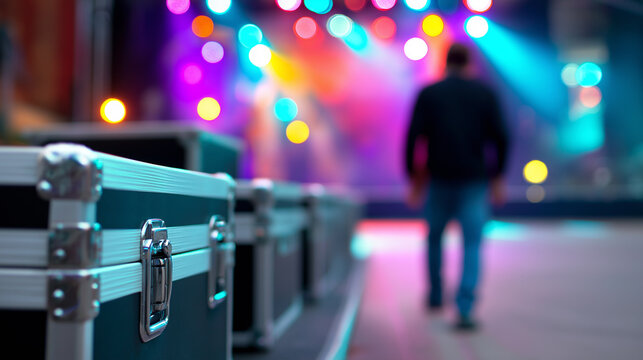 Professional equipment cases backstage with colorful stage lights and a person walking away, symbolizing live event production.
