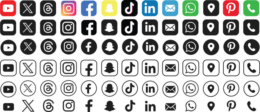 Set of Facebook, threads, X, twitter, Instagram, YouTube, snapchat, Pinterest, WhatsApp, LinkedIn, tiktok, Email, phone call and location app Collection social media logo