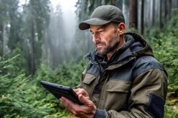 Fototapeta premium Forester using digital tablet for forest management in rain