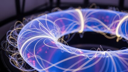 Vibrant glowing plasma torus with energetic light trails in a dark scientific laboratory