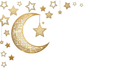 Golden crescent moon and stars hanging decoration corner frame for ramadan or eid celebration isolated on transparent background
