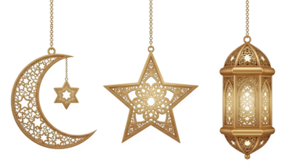 Set of three golden ornate islamic decorations crescent moon, star, and lantern isolated on transparent background
