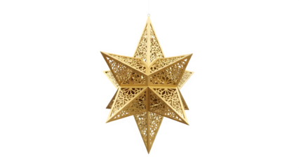 Ornate golden star decoration with intricate filigree pattern, isolated on transparent background
