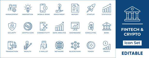 Fintech Line Icon Set - Cryptocurrency and Digital Banking Vector Symbols.