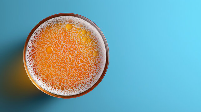 Top view of a glass of golden beer with foam and condensation on a blue background, symbolizing freshness and refreshment.
