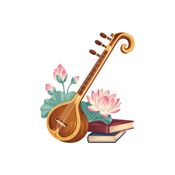 Cultural Celebration Veena Hand-Painted Vector Icon