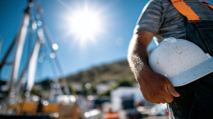 Detailed side view of workerâs hand holding helmet and safety glasses, sun glinting off metallic fasteners, construction site faintly blurred behind, personal protective equipment