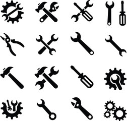 Tools and Service flat icons set. Wrench, screwdriver and gear icon. Screwdriver and wrench glyph icon. Settings and repair, service sign