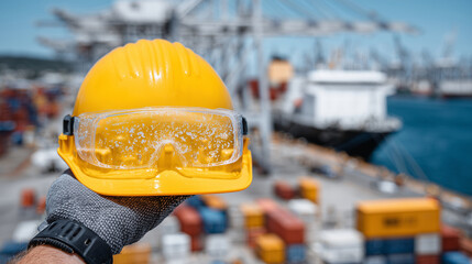 High-detail close-up of hand holding yellow hard hat and clear safety glasses, subtle scratches and textures visible on helmet, blurred construction site in background, industrial