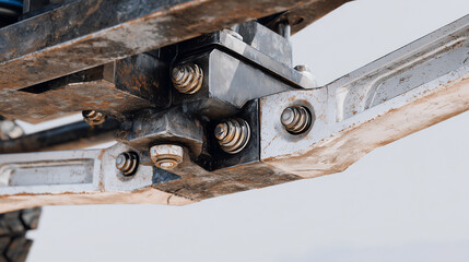 Macro close-up of car chassis structural components, metallic textures, bolts, and suspension elements in sharp focus, plain neutral background for industrial engineering emphasis