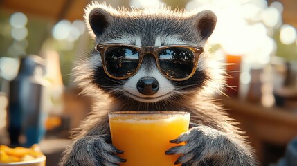 Obraz premium Racoon in sunglasses with cocktail