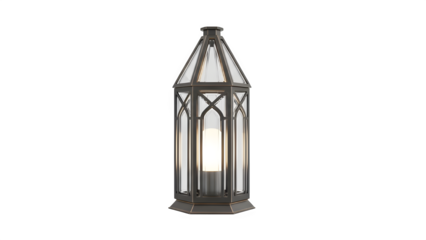 Gothic style outdoor lantern with glass panels and internal light source isolated on transparent background