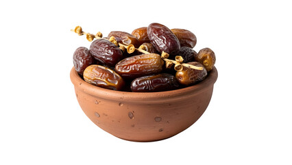 A small terracotta bowl filled with dried dates, isolated on transparent background