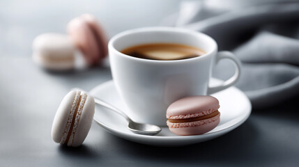 Cup of black coffee with stacked macarons on a minimalist table in soft natural light, symbolizing elegant lifestyle and quiet indulgence.


