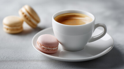 Cup of black coffee with macarons arranged on a clean white surface, symbolizing elegance, lifestyle, and sweet indulgence.
