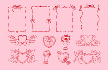Valentines Day romantic elements. Hand drawn vintage red coquette frame with bow, cupids, birds, heart. Elegant love ribbon border for poster. Vector set