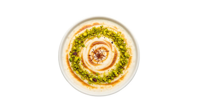 Delicious middle eastern rice pudding roz bel laban topped with crushed pistachios and saffron in a white bowl, isolated on transparent background