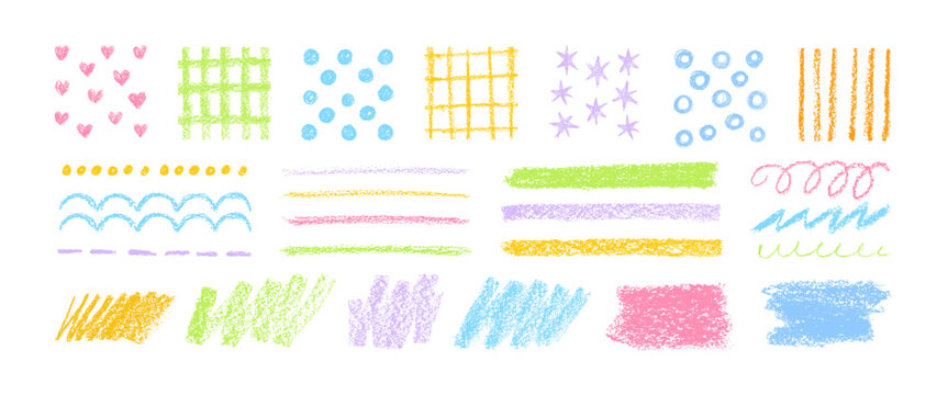 Pencil sketch elements. Grunge chalk texture. Crayon pattern with sketch stroke, heart, star, dots, swirl line. Charcoal stain, textured scribble background. Vector set