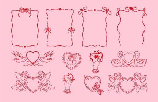 Valentines Day romantic elements. Hand drawn vintage red coquette frame with bow, cupids, birds, heart. Elegant love ribbon border for poster. Vector set