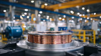 Perspective side-angle of copper coils in motor assembly, industrial lighting highlighting metallic sheen, blurred motor housing in background, power and engineering focus