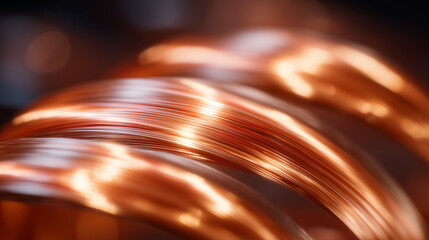 Artistic macro shot of copper coil winding, warm metallic reflections on strands, high-resolution detail emphasizing industrial electrical technology