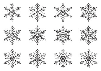 Hand drawn line art snowflake set featuring unique winter designs for seasonal decoration