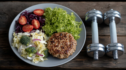 Top-down view of a balanced plate with fruits and greens versus a burger, dumbbells placed beside, symbolizing fitness, diet choice, and lifestyle contrast