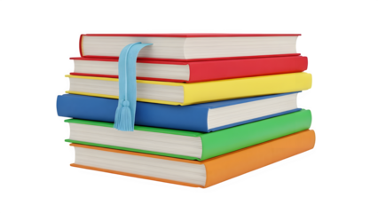 Stack of colorful hardcover books with a blue bookmark isolated on transparent background