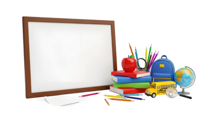 School supplies and blank white board with copy space for education concept isolated on transparent background
