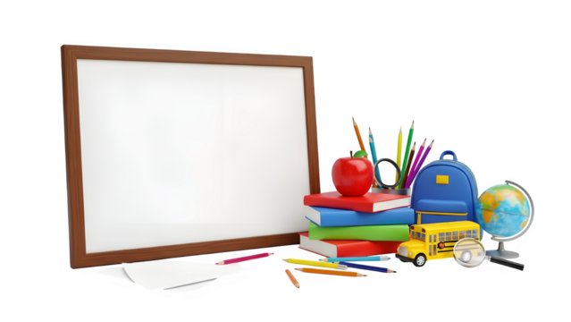 School supplies and blank white board with copy space for education concept isolated on transparent background - Powered by Adobe