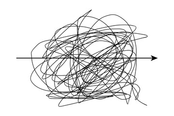 Arrow with tangled wire, barbed wire isolated on white