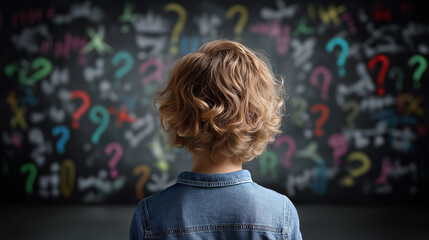 Obraz premium Young boy standing in front of a blackboard filled with question marks, symbolizing curiosity, learning, and problem solving. 