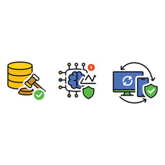 Legal Compliance, AI Risk Protection and Secure Device Synchronization Icons