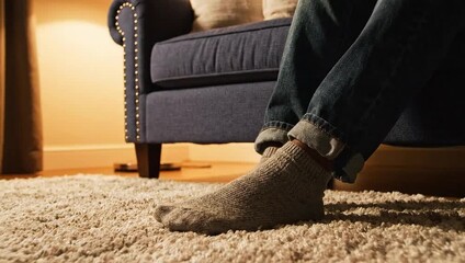Cozy Relaxation: A person's feet, clad in a comfortable sock, rest casually on a plush carpet near an armchair, creating a sense of peace and tranquility.