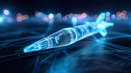 Futuristic digital hologram of a rocket floating over a glowing network background, symbolizing advanced space technology and innovation.

