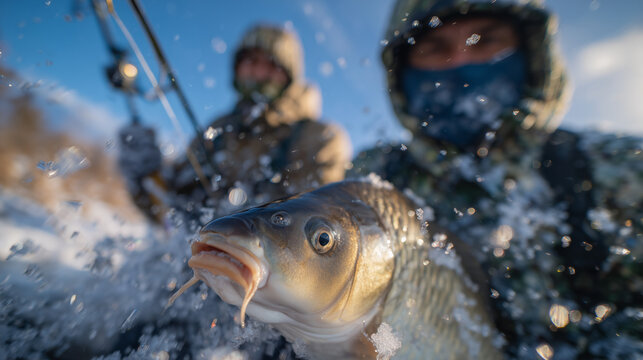 Close-up of carp partially covered with ice crystals, blurred anglers actively fishing in background, natural sunlight reflecting on scales, cold-weather angling concept - Powered by Adobe