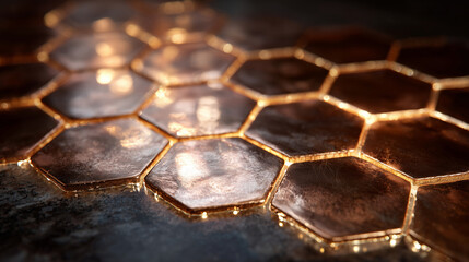 Artistic side-angle close-up of copper hexagon tiles, glowing warm reflections on polished surfaces, subtle shadows emphasizing depth and geometry
