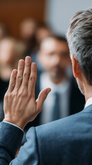 Man raising his hand in a courtroom during a legal proceeding, symbolizing justice, testimony, and civic duty.
