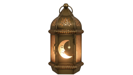 Ornate ramadan lantern with glowing crescent moon and star decoration, isolated on transparent background