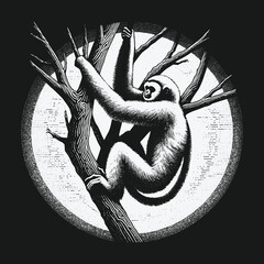 Obraz premium Gibbon in Tree: A Striking Black and White Illustration.