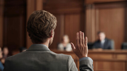 Man raising his hand in a courtroom during a legal proceeding, symbolizing justice, testimony, and civic duty.
