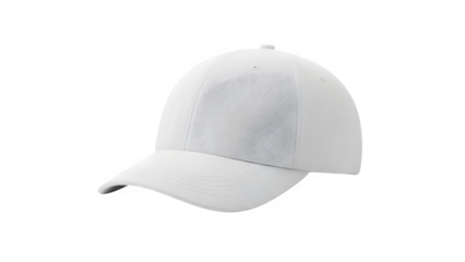 White baseball cap with abstract textured pattern on front panel, isolated on transparent background
