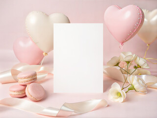 Romantic pastel invitation mockup with blank card, heart balloons, macarons, and floral accents