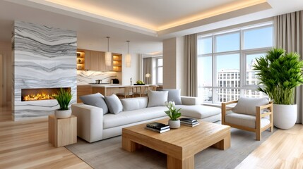 Naklejka premium Modern living room with fireplace and city view