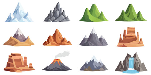 Diverse Mountain Peaks: An illustrated assortment of various mountain peaks, displaying a range of shapes, sizes, and terrains.