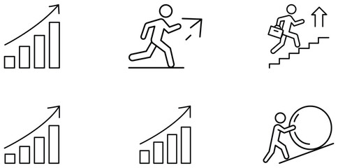 Business Icons: A collection of illustrative business icons, each depicting concepts of growth, progress, and overcoming challenges. The icons showcase concepts like progress, running forward.