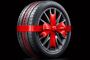Car tire gift wrapped with red ribbon bow