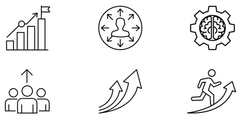 Growth and Achievement Icons: A collection of minimalist line art icons, each representing a facet of business growth, innovation, and strategic direction, symbolizing progress and ambition.